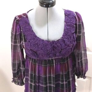 eci NY Plum Rosette Plaid Top Size 4